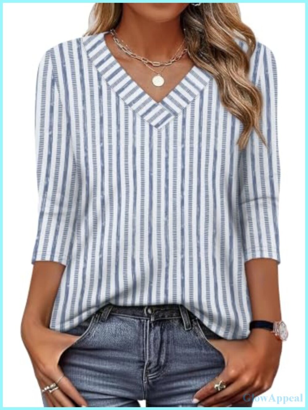 Womens 3/4 Sleeve V Neck T Shirt Loose Fit Casual Basic Blouse